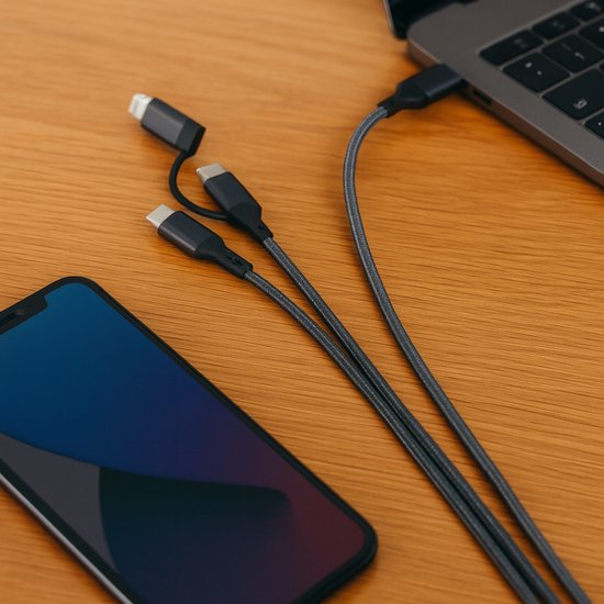 3-in-1 USB Kabel – 1 meter – Snelladen & Dataoverdracht – USB naar USB-C - Lightning – Nylon Gevlochten – Zwart - oplaadkabel Telefoon