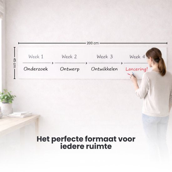 FLOKOO Whiteboard Sticker XL Zelfklevend (200 x 45 cm) met 4 Stiften met Wisser - Whiteboard Folie - Beschrijfbare Muursticker - Whiteboardsticker - Whiteboardfolie - Schoolbord Folie - Memobord Folie