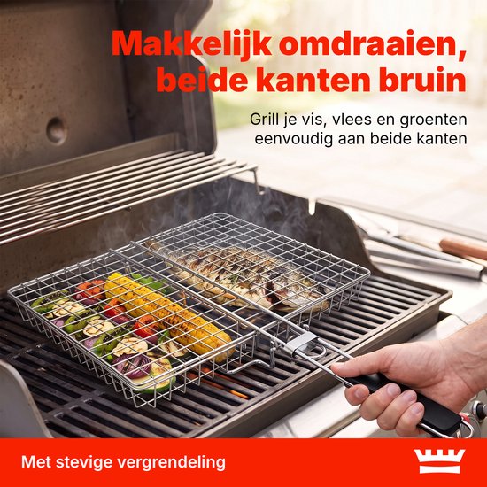 Grillmand BBQ – RVS Barbecue Grillmand met Deksel – 31 x 24,2 cm – Met 2 Uitneembare Verdelers – Afneembaar Handvat – Voor Vis, Vlees & Groenten
