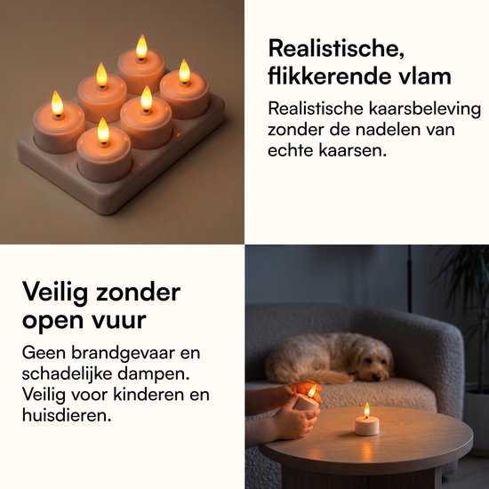 Fidali oplaadbare waxinelichtjes 6 st. - LED Kaarsen met Afstandsbediening - Realistische Flikkerende Vlam - Oplaadstation - Kerst Kaarsen