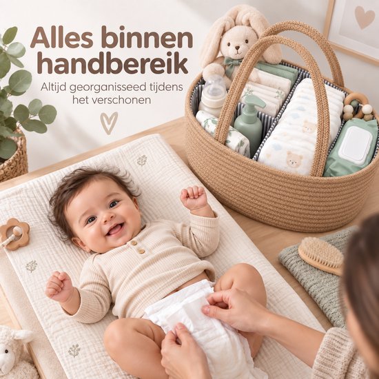 Luiermand voor Commode – Baby Organizer met Uitneembare Vakken – Commodemandje met Handvatten – 36 x 22 x 18 cm – Opbergmand voor Luiers, Doekjes & Babyverzorging – Bruin