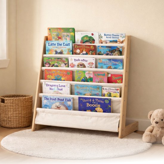 Kinderboekenkast - Bruin - Hout met Linnen - Kinderboekenrek - Boekenrek Kinderkamer