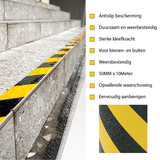 24ME® - Geel-Zwarte Antislip Waarschuwingstape – 5cm x 10 Meter – Veiligheidstape voor Trappen, Bedrijven of Thuis