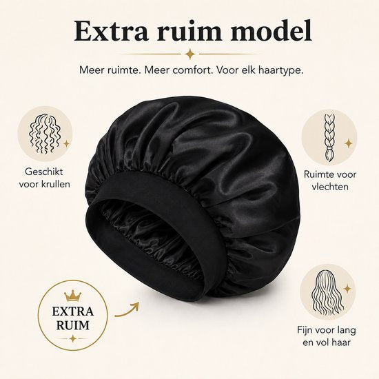 Satijnen Slaapmuts XL - Dubbelzijdig Satijn - Bonnet voor Krullen, Lang Haar & Vlechten - Extra Groot - Inclusief Haarborstel - Zwart