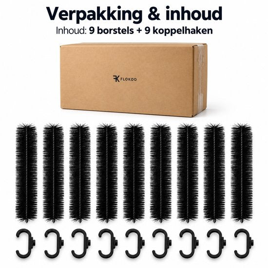 Marterborstel & Dakgootborstel 9 Meter – Marterwering voor Dak en Dakgoot – Bladvanger – 9x 100 cm – Ø 9 cm – Inclusief Koppelhaken – Zwart