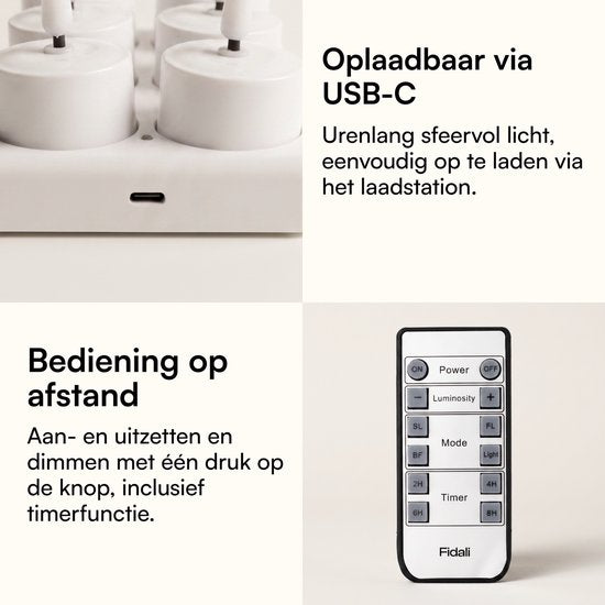 Fidali oplaadbare waxinelichtjes 6 st. - LED Kaarsen met Afstandsbediening - Realistische Flikkerende Vlam - Oplaadstation - Kerst Kaarsen