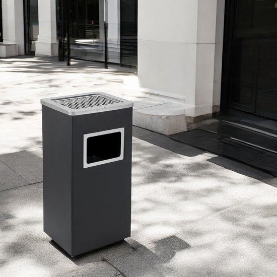 Asbak Voor Buiten - Zwart met RVS - 31 cm x 25 cm x 61 cm - Vloerasbak - Buitenasbak Groot - Rookpaal - Asbakken - Staande Asbak met RVS Afvalbak -