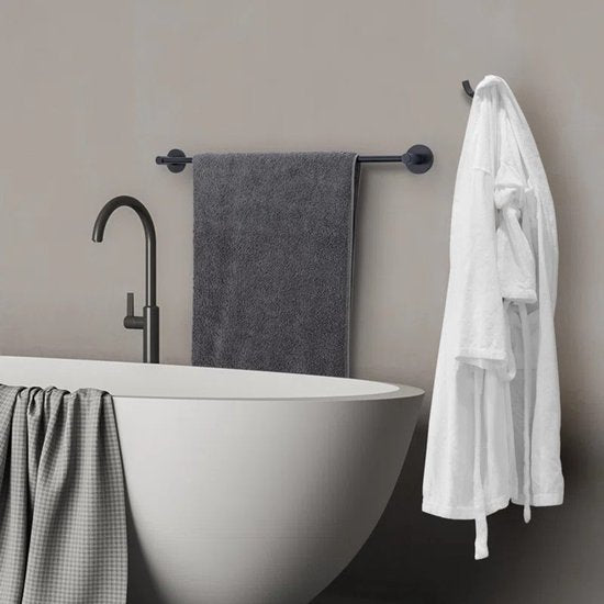 Badkamer Accessoire Set - Zwart – 4-delig – Handdoekstang, WC Rolhouder, Handdoekring & Haak – RVS – Wandbevestiging – Modern Design