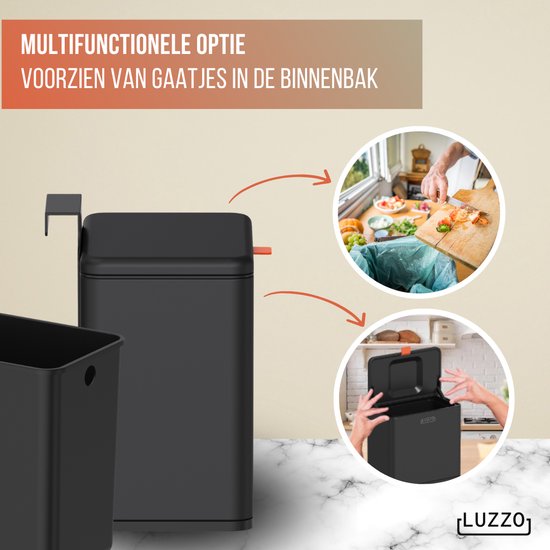 Luzzo® Loft Groente Afvalbak Zwart - Aanrecht Afvalbakje 5 liter - Uitneembare Binnenbak - Neerzetten/Ophangen - Zwart