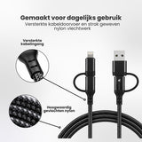 3-in-1 USB Kabel – 1 meter – Snelladen & Dataoverdracht – USB naar USB-C - Lightning – Nylon Gevlochten – Zwart - oplaadkabel Telefoon