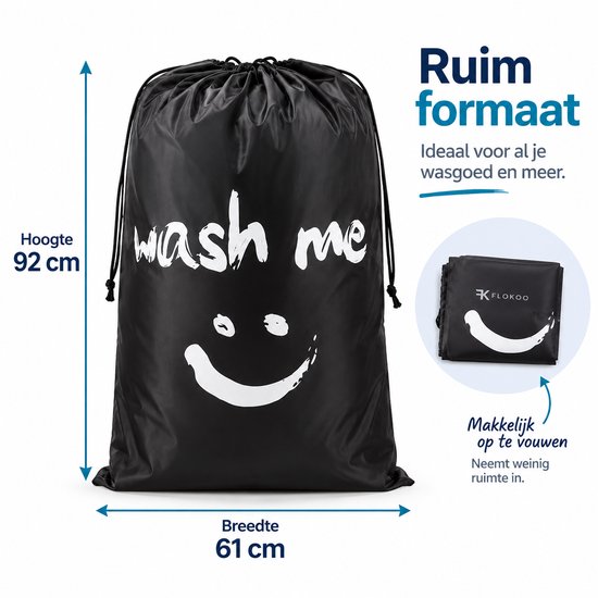 Waszak Groot – 92 x 61 cm – Opvouwbare Wasmand met Trekkoord – Grote Wasgoedzak voor Kleding, Handdoeken & Beddengoed – Lichtgewicht – Zwart