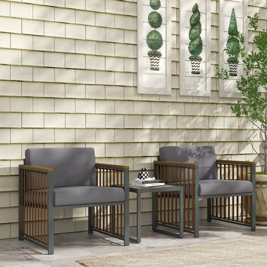 Tuinset, 3-delig, inclusief zitkussen, houtdecor, roestvrij metalen frame, Grijs