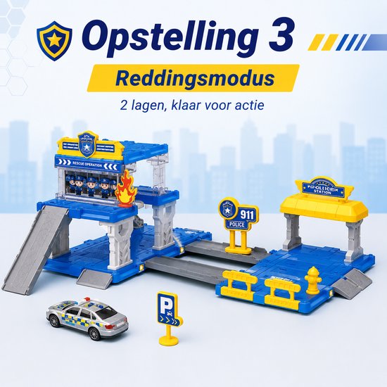 DMG Supply Politiegarage - 4-in-1 - Politiebureau met 2 Metalen Auto’s - 3 Laags Parkeergarage - Speelset