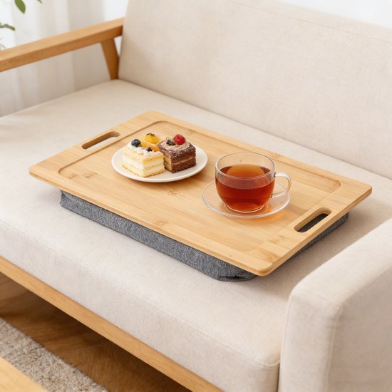 Schoottafel Laptop – Laptoptafel voor Bank-Bed – Bamboe Dienblad met Kussen – Ontbijt Bed Tafel – Laptopkussen – Met Handgrepen