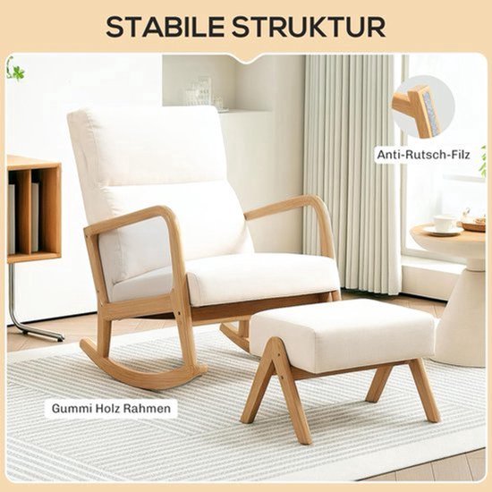 4goodz Schommelstoel met Kruk - Zachte Bekleding Linnenlook - Houten Frame - Crèmewit