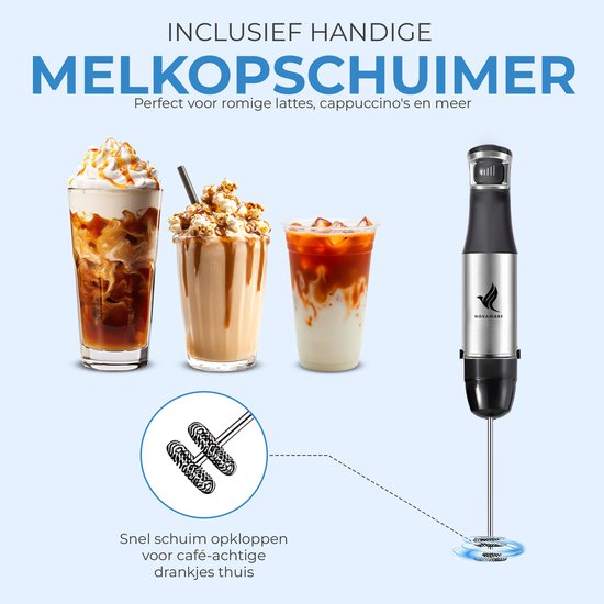 NovaWare Staafmixer Set 6-in-1 – 1100W - Met Hakmolen, Garde, Melkopschuimer & Maatbeker – RVS