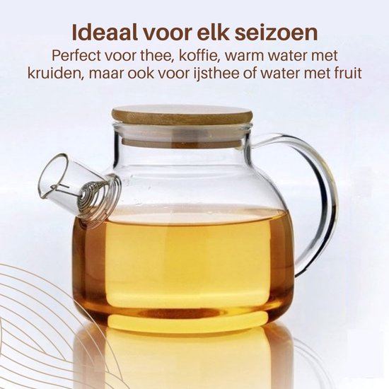 GREENKY® Glazen theepot met filter en bamboe deksel- Theekan - Duurzaam - Filter - Theehouder - Theeglas - Fruitkan - Schenkkan - Teapot - 1Liter - 1000ml