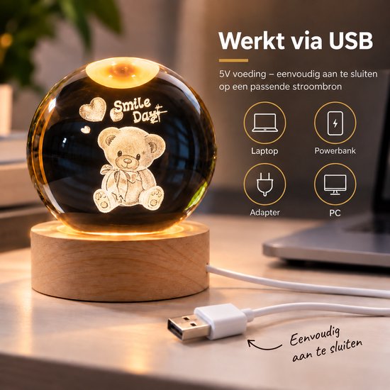 DMG Supply 3D Kristallen Bol Lamp - USB Oplaadbaar - LED Lamp - Nachtlamp - Tafellamp - Bureaulamp