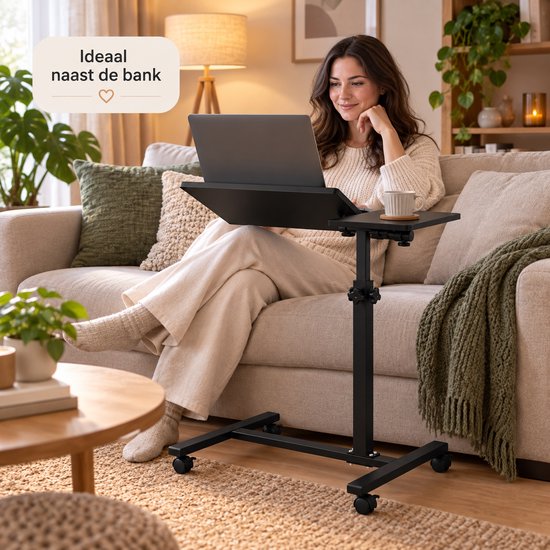 Laptoptafel Verrijdbaar – In Hoogte Verstelbare Laptopstandaard – Kantelbaar Werkblad met Zijtafel – Mobiele Bedtafel op Wielen – 57 cm – Zwart