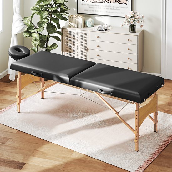 Hoogteverstelbare Massagetafel met Houten Frame - Opvouwbaar Massagebed met Schuimvulling - Zwart