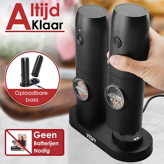 Vesfy Elektrische Peper en Zoutmolen Set - Oplaadbaar met Laadstation - Instelbare Maalgraad - LED-Licht - Pepermolen