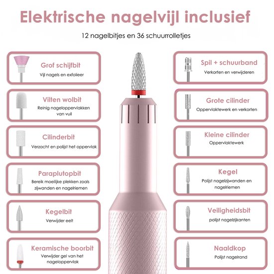 Vesfy Elektrische Nagelvijl - 20000 RPM - Draadloos & Oplaadbaar - 12 Bitjes + 36 Schuurrolletjes - Manicure & Pedicure - Valentijn