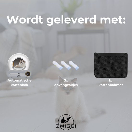 Zwiggi® Automatische kattenbak - Kattenbak zelfreinigend- Kattenbak + 45 Afvalzakjes (3 rollen) & Kattenbakmat - (Werkt met & zonder app) - Wit 65L