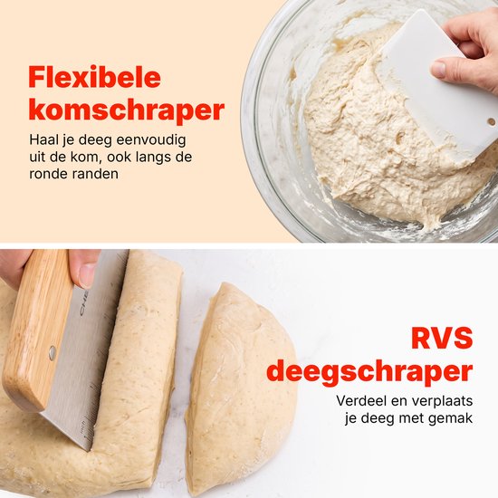 Zuurdesem Starterset – Complete Broodbakset met Rijsmand 23 cm – Glazen Starterpot – Deense Deeggarde – Deegschrapers – Broodmesje – Bakset voor Zuurdesembrood
