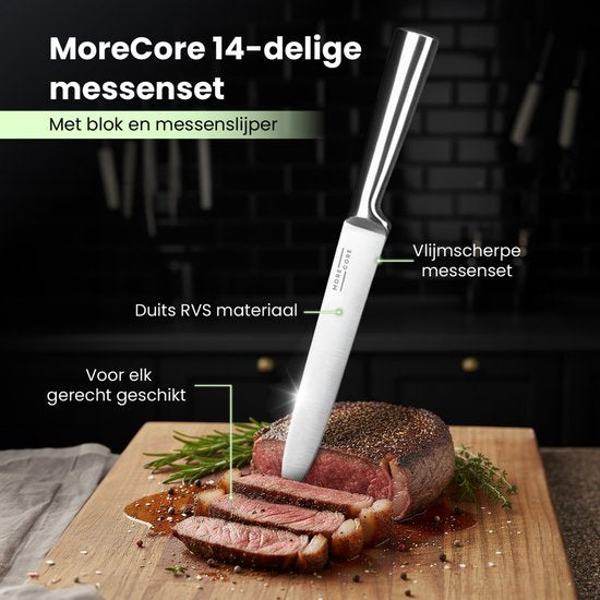 MoreCore Messenset met Blok en Messenslijper - Messenblok - Keukenmessen - Inclusief Keukenschaar - Koksmes - Krasbestendige - RVS - Zilverkleurig-Zwart - Vaderdag Cadeau