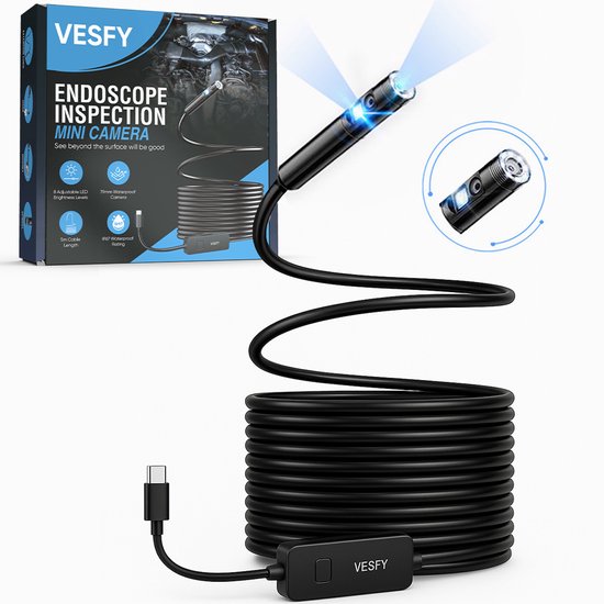 Vesfy Inspectiecamera Met App en Dubbele Camera - Verlichting - 5 Meter - 1920P HD - Android-IOS - IP67 Waterdicht - Endoscoop