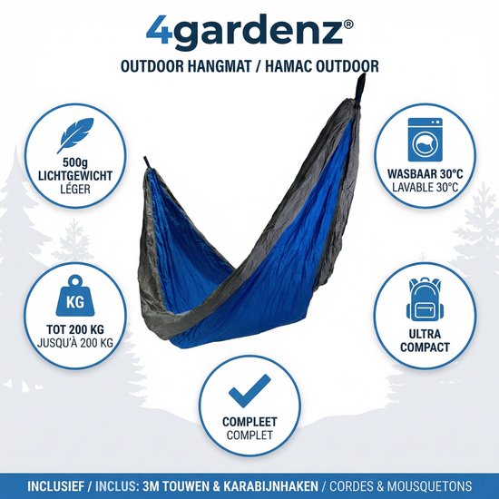 4gardenz® Outdoor Hangmat – Parachutestof – 270 cm – Compact & Sterk - Blauw