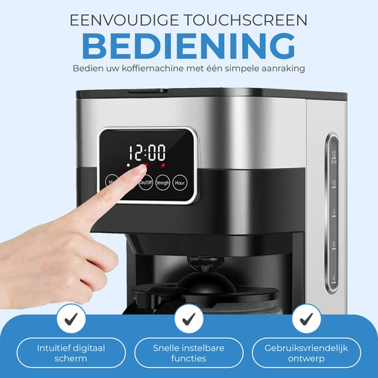 NovaWare Koffiezetapparaat Filterkoffie - 1.5L – Met Glazen Kan & Herbruikbaar Filter - Koffiemachines - Display – 12 Kopjes – Zwart-RVS