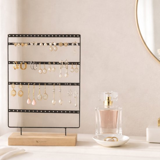 Sieradenrek met Houten Voet – Oorbellen Houder Staand – Sieraden Organizer 4 Rijen – Metalen Display Standaard – Oorbellen Display 36 cm – Sieradenhouder voor Oorbellen & Sieraden
