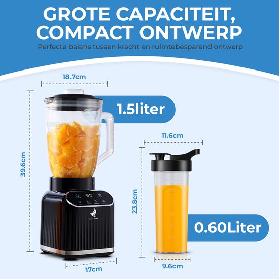 NovaWare Blender - 1.5L - Inclusief beker to go 600ml - 1300W Smoothie Maker - Mini Blender – Met Display - Glas - Zwart
