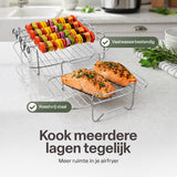 Airfryer Accessoireset 10-delig – Siliconen Bakjes, RVS Rekken, Spiesenrek, Tang, Spatel & Bakkwast – Geschikt voor Dual Zone Airfryer 7-10L – Vaatwasserbestendig & Hittebestendig 230°C
