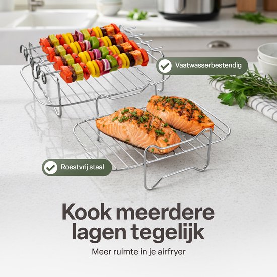 Airfryer Accessoireset 10-delig – Siliconen Bakjes, RVS Rekken, Spiesenrek, Tang, Spatel & Bakkwast – Geschikt voor Dual Zone Airfryer 7-10L – Vaatwasserbestendig & Hittebestendig 230°C