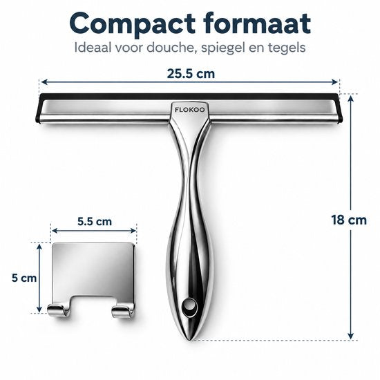 Douchewisser RVS – Raamwisser voor Douche, Glas & Tegels – 25,5 cm Brede Wisser – Inclusief Zelfklevende Ophanghaak – Zilver