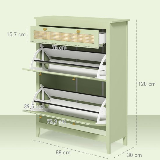 4goodz Schoenenkast voor 12 Paar Schoenen, met 1 Uitschuifbare Lade, 2 Klepladen, 30x88x120 cm - Groen