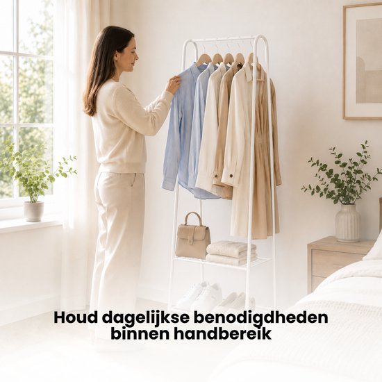 Kledingrek Staand – Kledingrek met Planken – Garderoberek Metaal – Open Kast – Kapstokrek – Wit – Voor Slaapkamer en Hal