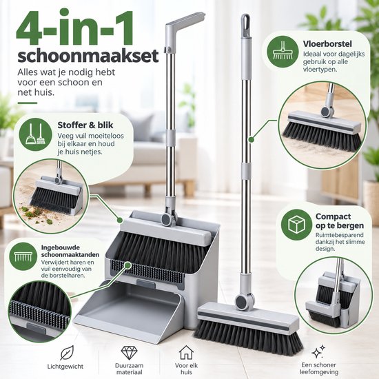 Bezem en Stoffer en Blik met Lange Steel – 4-in-1 Schoonmaakset – Staand Stofblik met Schoonmaaktanden – Vloerborstel met 180° Draaibare Kop – Compact Opbergbaar – Grijs