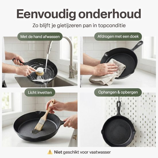 Gietijzeren Koekenpan Set 3-delig – Skillet Set Ø16, Ø19,5 & Ø24,5 cm – Pre-seasoned Gietijzer – Geschikt voor Inductie, Gas, Oven & BBQ – Inclusief Siliconen Handgrepen