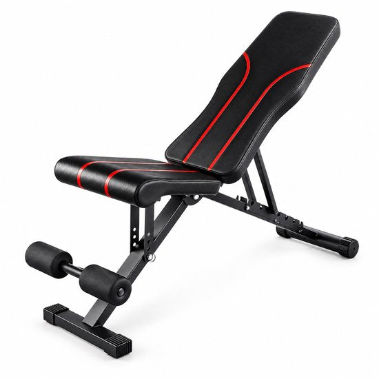 Verstelbare Fitnessbank – Opvouwbare Trainingsbank voor Thuis – Halterbank met Verstelbare Rugleuning – Incline & Flat Bench – Buikspierbank met Beenrollen – Zwart-Rood