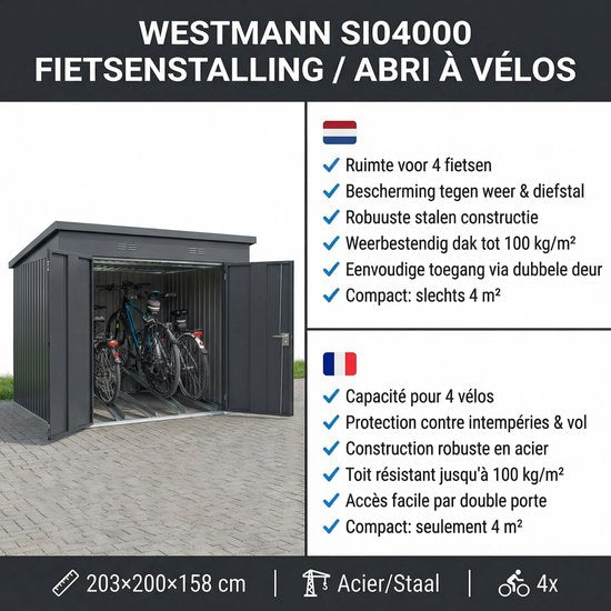 Westmann Fietsenberging - fietsen opslag 200x203x158 cm - Antraciet