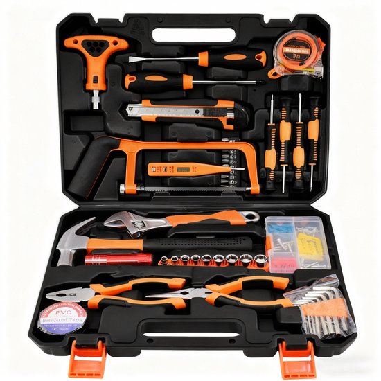 Complete Gereedschapskoffer 45-delig – Professionele Toolset met Hamer, Schroevendraaiers, Doppen & Elektrische Tester – Voor Huis, Klus & Onderhoud
