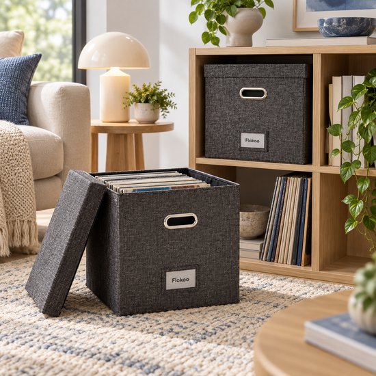 LP Opbergsysteem - Opbergbox met Deksel – Vinyl Opbergbox voor 50+ Platen – 33 x 33 x 33 cm – Platenkoffer met Handgrepen & Labelhouder – Donkergrijs
