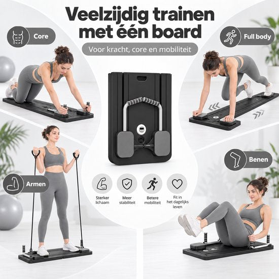 Pilates - Multifunctioneel Fitness Board – Opvouwbaar Trainingsapparaat voor Thuis – Full Body Workout – Buikspiertrainer met Weerstandsbanden – Core, Armen & Benen – Fitnessapparaat Home Gym