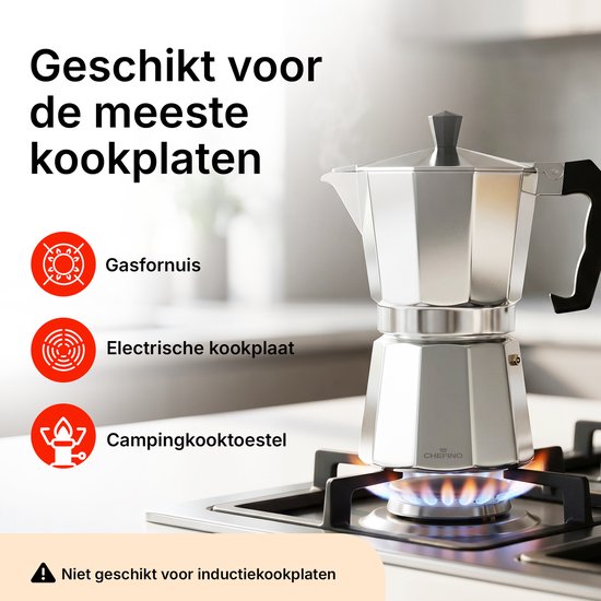 Chefino Percolator 6 Kops – Moka Pot 270 ml – Espressopot voor Italiaans Koffiezetten – Aluminium Mokkapot – Espressomaker voor Gasfornuis