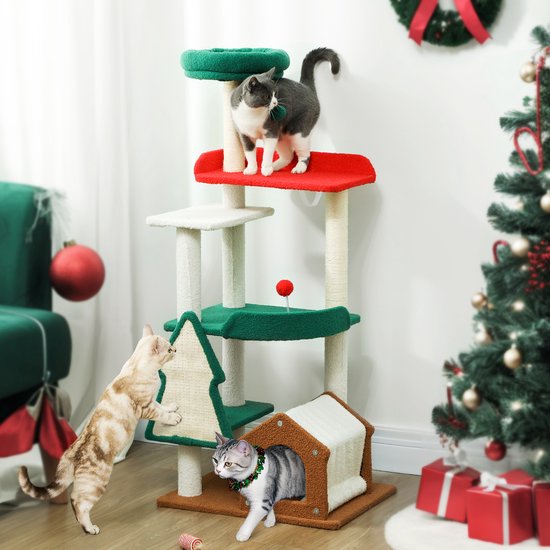 Katten Krabpaal in kerstkleuren met kattenhuis springplatforms en speelgoedballen