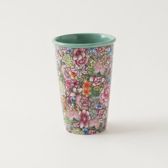 Koffiebeker 300 ml – Bloemen Design met Turquoise Glazuur – Slanke Theebeker & Koffiemok – Handzaam & Stijlvol