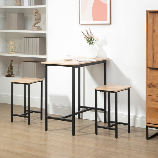 Bartafelset in industrieel design, 3-delig, 1 tafel, 2 krukken, Zwart + Natuur